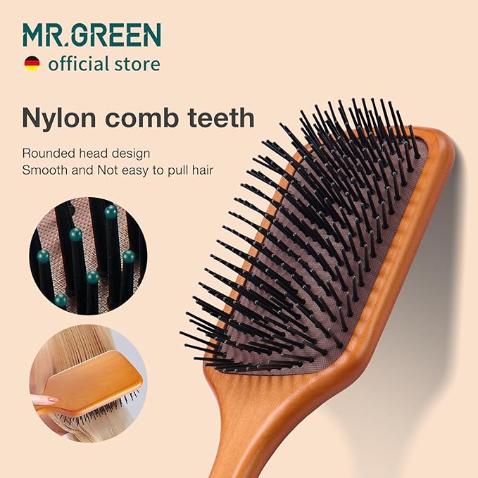 MR.GREEN Hair Brush Natural Maple Wide Board Massage Scalp Comb Air Cushion Anti-Static Detangle Brush For Curly Long Hair Both Women Men (Large)