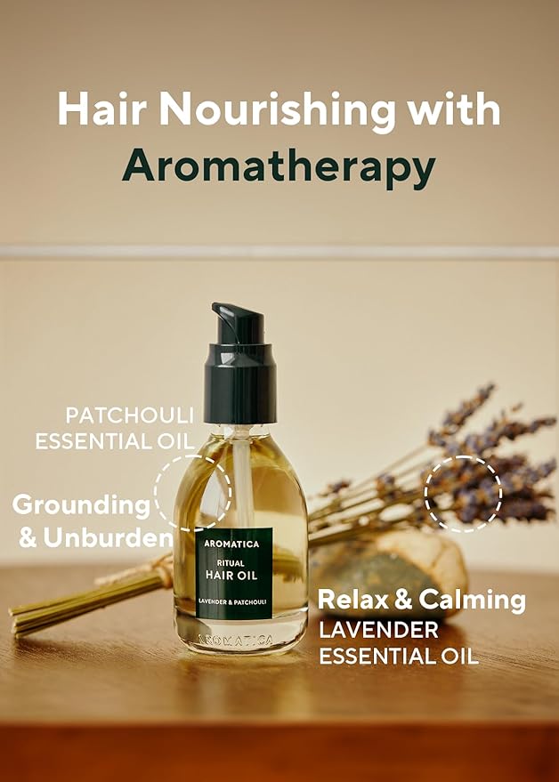 AROMATICA Ritual Lavender & Patchouli Hair Oil - Adds Shine and Smooths Split Ends - Blow Out Hair Serum for Damaged & Frizzy Hair - Nourishing for Dry Curly Hair - Silicone-Free (1.6 fl oz)