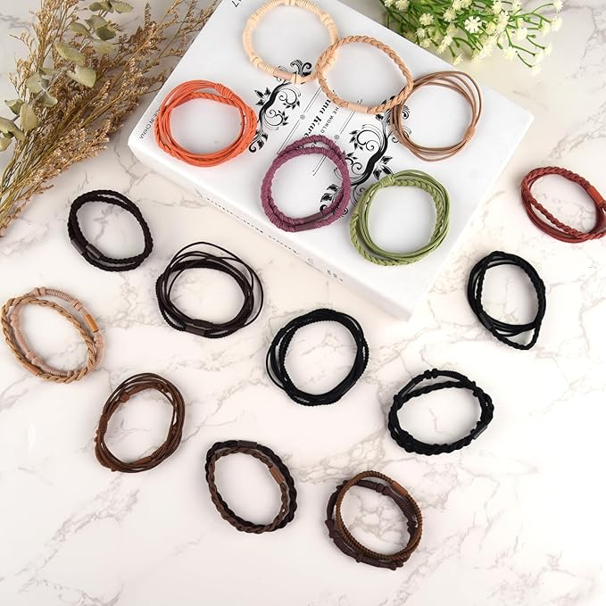Boho Hair Ties Bracelets for Women, 48PCS Hair Accessories Set - No Damage Ties for Thick, Thin, Medium, Long Hair & Ponytails, Retro Style