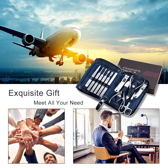 Manicure Kit, FAMILIFE Professional Manicure Set Nail Kit, 11 in 1 Stainless Steel Nail Clippers Set for Men Pedicure Tool, Men Grooming Tool with Portable Blue Leather Travel Case Luxury Gifts