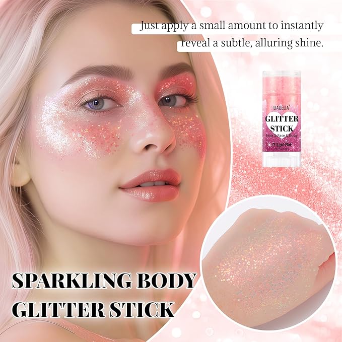DAGEDA Light Pink Body Glitter Stick,Sparkly Face Glitter Makeup,Holographic Hair Glitters Mermaid Makeup Rave Outfits for Women, Shimmer Face Paint Stick Singer Concert Accessories