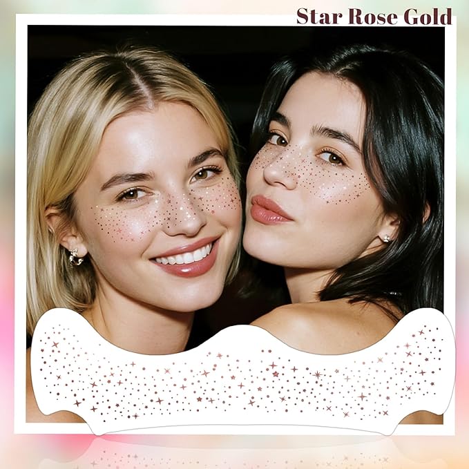 24pcs Glitter Freckles Face Tattoo - Rose Gold Face Sparkle Freckles Temporary Tattoos for Women Girls, Waterproof & Long Lasting Freckles Makeup Patches for Party, Concerts, Daily Accessories