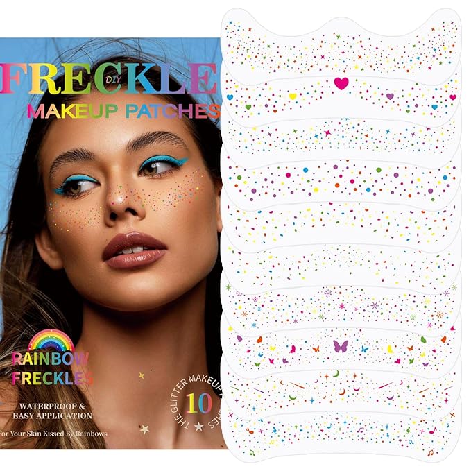 10Pcs Rainbow Face Makeup Patches, Glitter Freckles Face Tattoo for Teenagers & Young Women, Sparkle Freckles Waterproof Face Glitter Freckles for Christmas (10PcsH Rainbow)