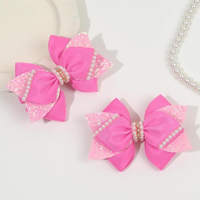 4" Sparkly Glitter Sequin Ribbon Hair Bow Clips,Pearl Wedding Boutique Alligator Barrettes Pins for Teens Toddler,Cheerleader Girls Kids Birthday Party Dress Decor Accessory (Pink)