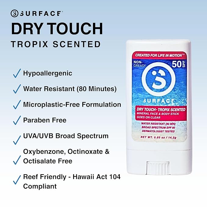 Surface Mineral Face Sunscreen Stick, Dry Touch SPF 50, Broad Spectrum UVA UVB Sun Protection for Kids and Adults, Travel Friendly, Water Resistant for 80 Minutes, Tropical Scent, 0.5oz