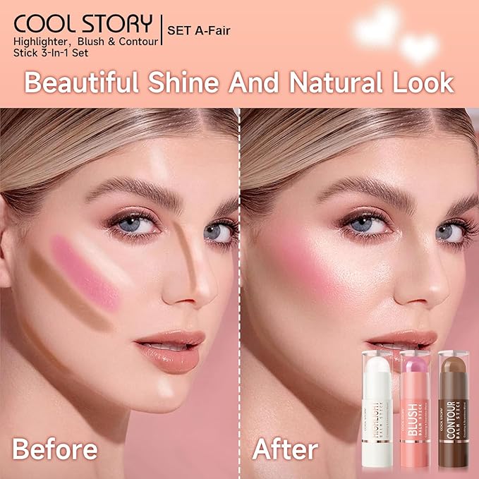 Cool Story 3-in-1 Makeup Set, Highlighter, Blush and Contour Balm Stick, Cream Formula for Face Contouring, Professional Cosmetic Kit (SET-A)
