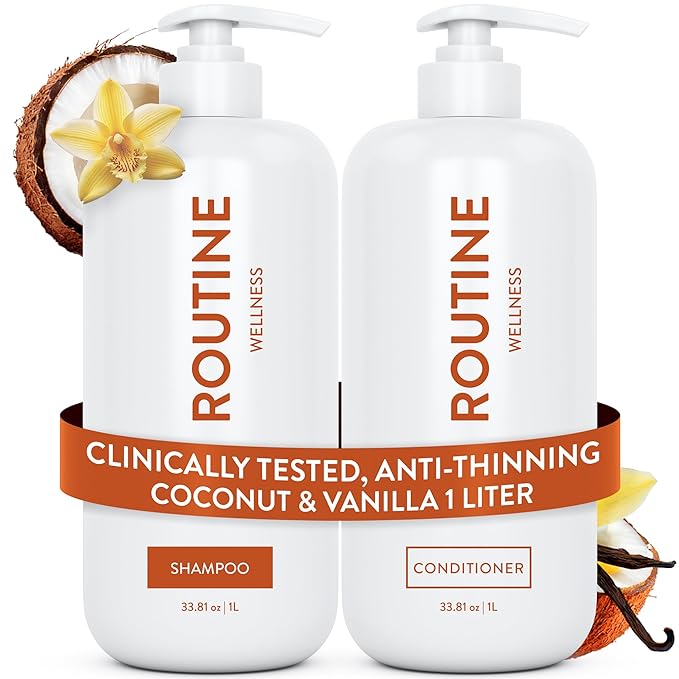 Routine Wellness 1 Liter Anti-Thinning Volumizing Shampoo and Conditioner Set for Thinning Hair & Hair Loss - Grow Your Confidence with Biotin & DHT Blockers - 1 Liter Coconut & Vanilla Set