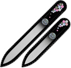 Mont Bleu Set of 2 Glass Nail Files Hand Decorated with Crystals - in Black Velvet Sleeve - Genuine Czech Tempered Glass - Gifts for her - Etched Glass Nail File for Nail Art & Nail Care