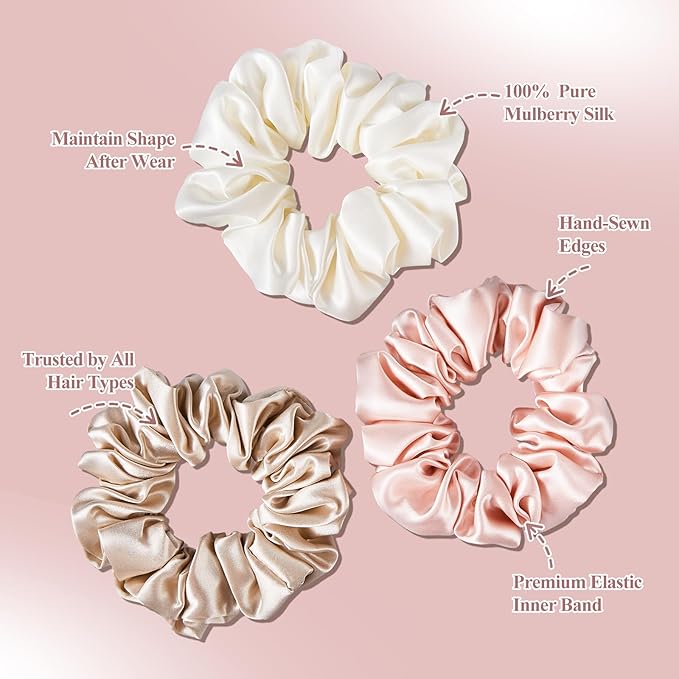 3 Pack Mulberry Silk Scrunchies for Women – 22 Momme 6A Grade Hair Ties, Anti-Frizz & Anti-Breakage, Gentle & Safe for All Hair Types, Daily Styling & Overnight Care