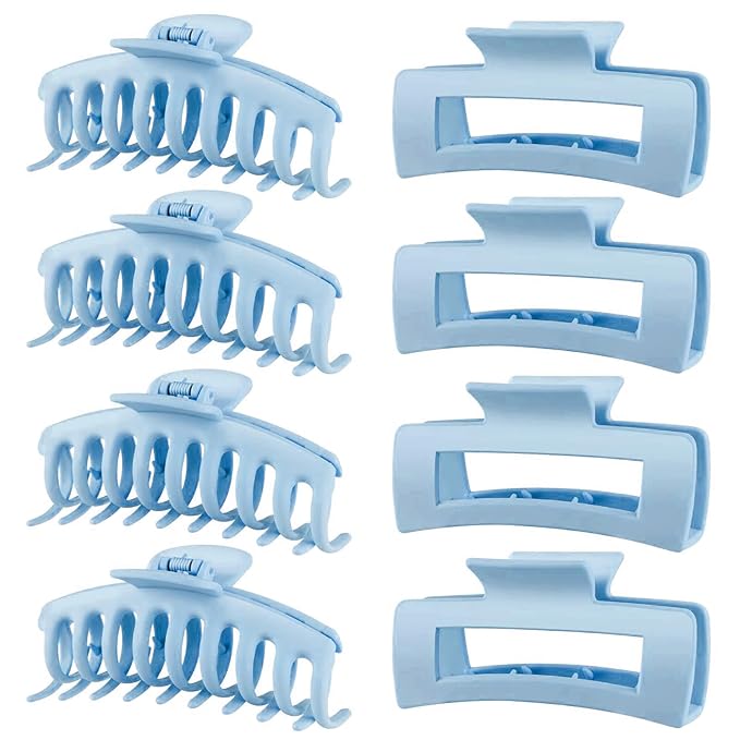 TOCESS Hair Claw Clips for Women - Large 8PK Neutral Matte Jumbo Square Hair Clips for Thick, Thin, Long, Short, Curly Hair Girls, Big Jaw Clip Set for Daily Use (Glacier Blue)