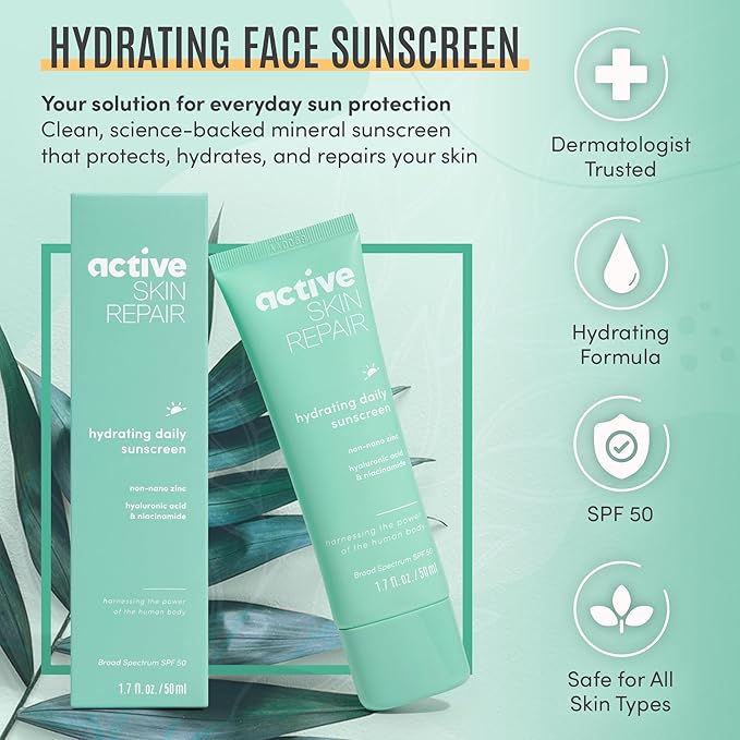 Active Skin Repair SPF 50 EWG-Certified Hydrating Daily Sunscreen and Face Moisturizer, Non-Nano Zinc, Non-Toxic Broad Spectrum Protection Hydrating Mineral Facial Sunscreen, 1.7 fl. oz.