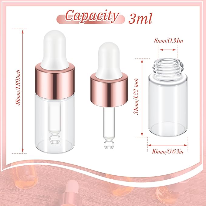 200 Pcs Mini Glass Oil Dropper Bottle Bulk, Clear Essential Small Empty Bottles Sample Containers Perfume Liquid Vials with Cap for Traveling (3 ml,Rose Gold)