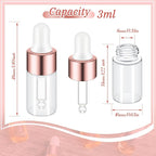 200 Pcs Mini Glass Oil Dropper Bottle Bulk, Clear Essential Small Empty Bottles Sample Containers Perfume Liquid Vials with Cap for Traveling (3 ml,Rose Gold)