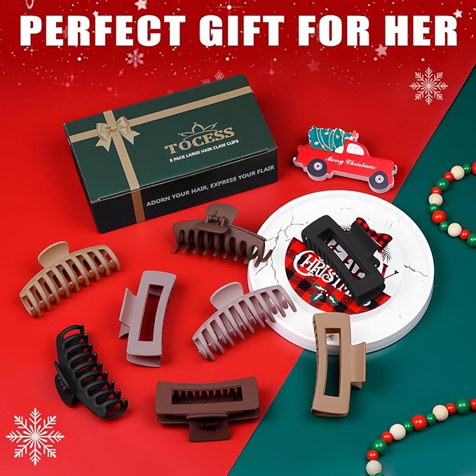TOCESS Big Hair Claw Clips for Women - Neutral Large Claw Clip for Thin Thick Curly Hair 90's Strong Hold 4.33 Inch Nonslip Matte Jumbo Hair Clips (8 Pcs)