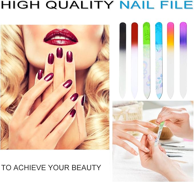 6 Pack Glass Nail File with Case, Crystal Fingernail Files Set, Double Sided Finger Nail Files, Professional Manicure Nail Care for Women, Christmas Gifts Stocking Stuffers
