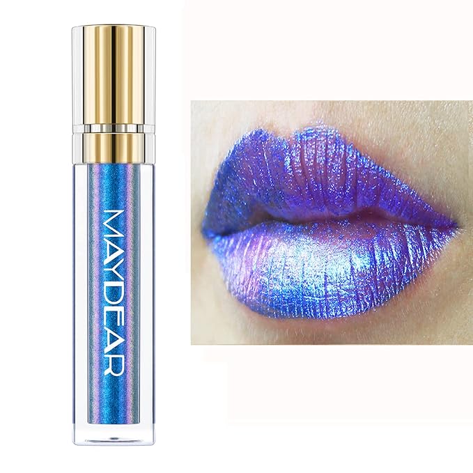 Maydear Chameleon Lipstick High Pigmented Multichrome Lipstick, Long-Lasting Metallic Shine Lip Gloss, Full-Coverage Rainbow Lip Color for Women, Blue Cyan (03)