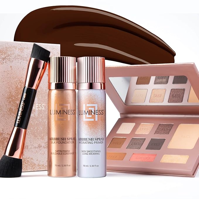 LUMINESS Complete Makeup Kit - Includes Face Palette, Airbrush Foundation, Primer and Brush - Silky, Long-Wearing, Easy to Blend, Perfect Makeup for Older Women, 4-PC Make Up Set (16 - Light Rich)