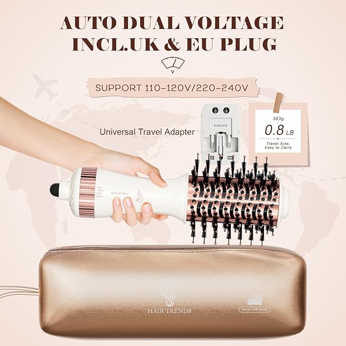 Travel Blow Dryer Brush in one, Dual Voltage 110V-240V Mini Hot Air Brush, Hair Trends Nano Titanium 2 Inch One Step Hair Dryer and Styler Volumizer Oval Shape