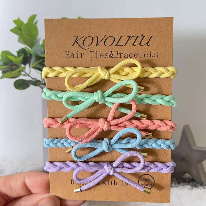 12 PCS Colorful Braided Hair Ties Bow Tie Hair Bracelets for Women Girls Elastic Hair Ties No Damage Ponytail Holders(6 Colors)
