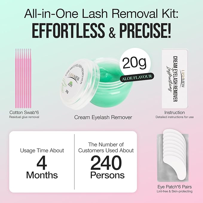 LASHVIEW Eyelash Extension Remover Cream Gentle Aloe Vera Formula, Lash Removal Kit with Eye Patches & Cotton Swabs(20g)