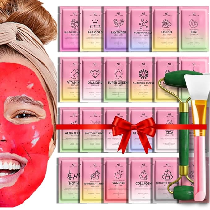 Jelly Mask for Facials - 24 Flavors Hydrating & Brightening Jelly Face Masks | Free Jade Roller & Spatula |Bulgarian Rose Lavender Hyaluronic Acid 24K Gold | Christmas Gifts for Women, Gifts for Women
