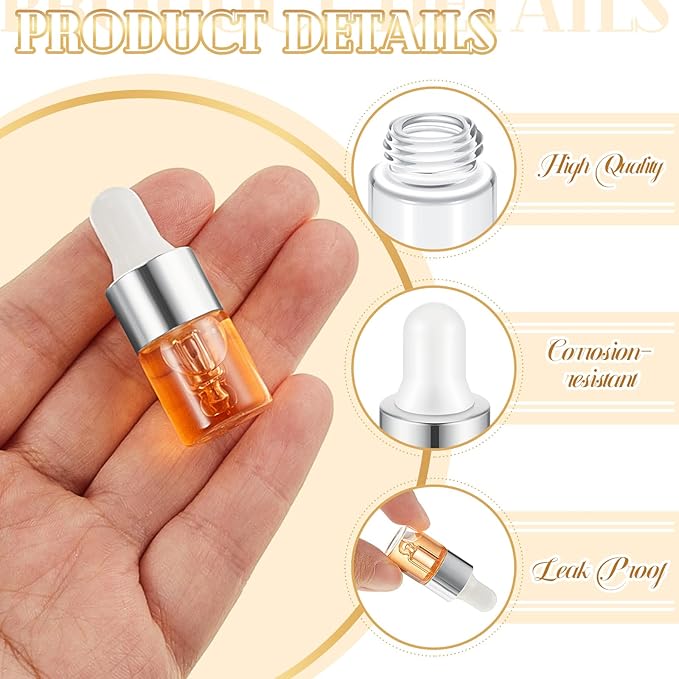 200 Pcs Mini Glass Oil Dropper Bottle Bulk, Clear Essential Small Empty Bottles Sample Containers Perfume Liquid Vials with Cap for Traveling (2 ml,Silver)