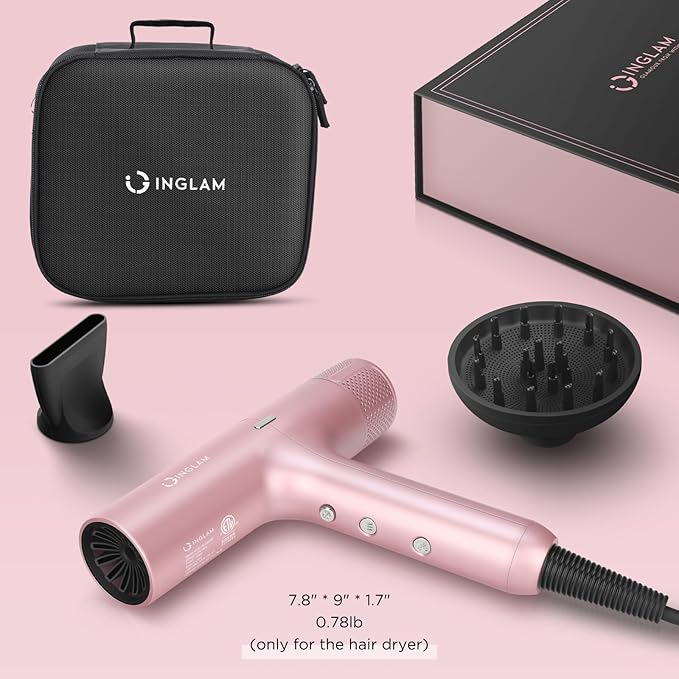 IG INGLAM Hair Dryer with Diffuser for Women, 1300W Ionic Blow Dryer with LCD Display, 3 Temps & 3 Speeds High-Speed Travel Hair Dryer with One Button Cool Air, Slim&Lightwight, Store Bag, Rose Pink