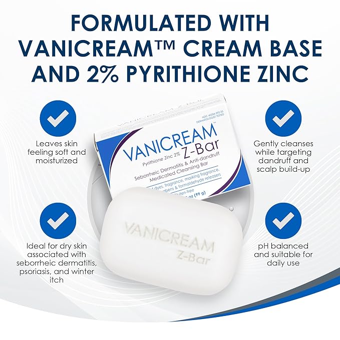 Vanicream Z Bar, Seborrheic Dermatitis & Anti-Dandruff Medicated Bar, 3.5 Oz, Formulated without Common Irritants for Sensitive Skin, 2% Pyrithione Zinc Helps Relieve Itching, Redness & Flaking