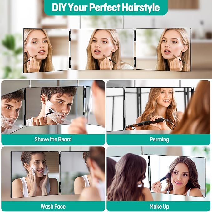 3 Way Mirror for Men & Women - Trifold Self Haircut Mirror, 360° View with Height Adjustable Hooks, Anti-Fog HD Glass for Shaving, Makeup, Braiding, Dye Hair, Travel Friendly Grooming Tool
