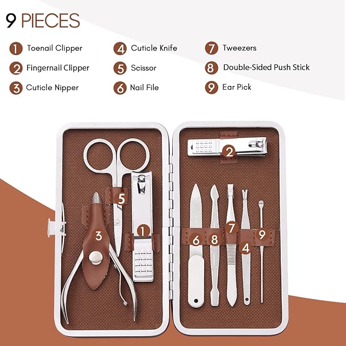 Manicure Set, FAMILIFE Professional Manicure Kit Nail Kit Mens Grooming Tools Pedicure Tool 9PCS Gifts for Men Boyfriend Stainless Steel Nail Clipper Set Leather Case Brown