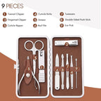 Manicure Set, FAMILIFE Professional Manicure Kit Nail Kit Mens Grooming Tools Pedicure Tool 9PCS Gifts for Men Boyfriend Stainless Steel Nail Clipper Set Leather Case Brown