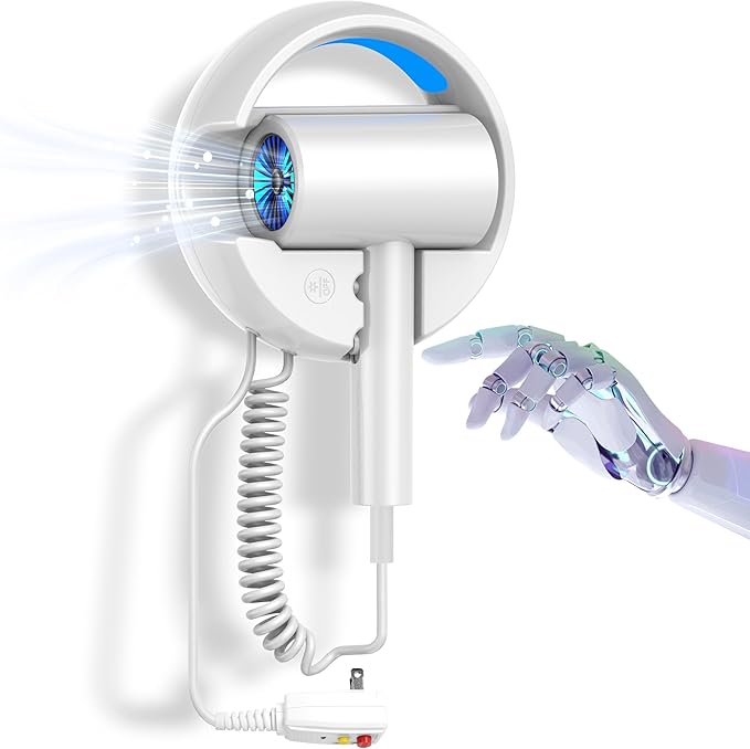 110V Hotel Wall Mounted Hair Dryer for Bathroom（with Night Light） Professional Styling HairDryer for Salon【Blue Light Negative Ions】 Fast Drying Restroom Blow Dryer，Matte Texture - Pearly White