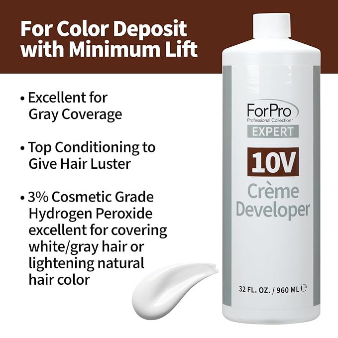 ForPro Expert 10 Volume Crème Developer for Hair Lightening, Gray Coverage & Color Deposit with Minimum Lift, 32 Fl Oz
