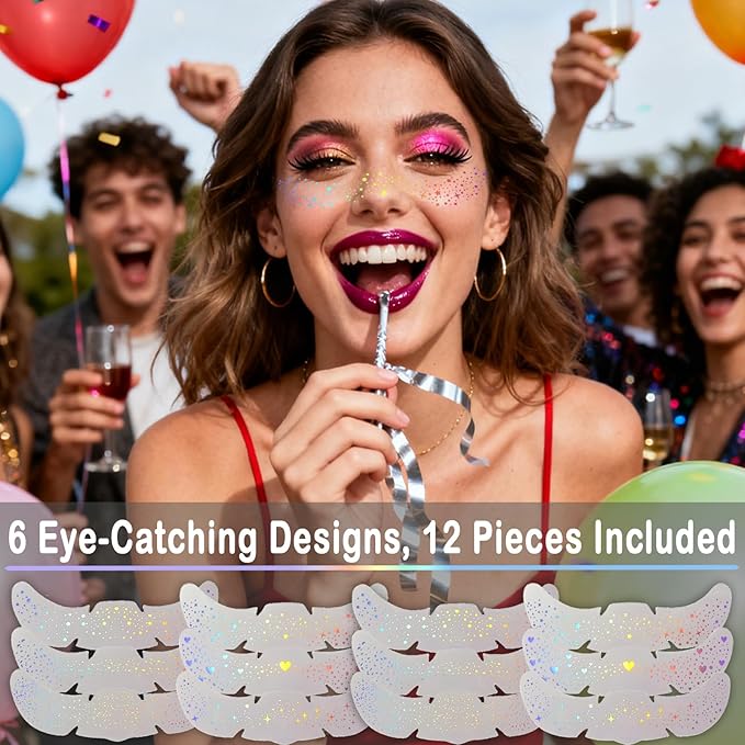 Glitter Freckles, Holographic Face and Body Glitter Tattoo Sparkle for Women Gold Glow Cosmetic Star Makeup Accessories for Festival Rave (12pcs Holographic)