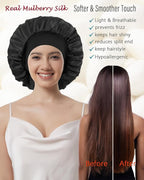 100% Mulberry Silk Bonnet for Sleeping Women, Real Pure Silk Bonnets, Double Layer Sleep Cap with Elastic Band for Curly Hair
