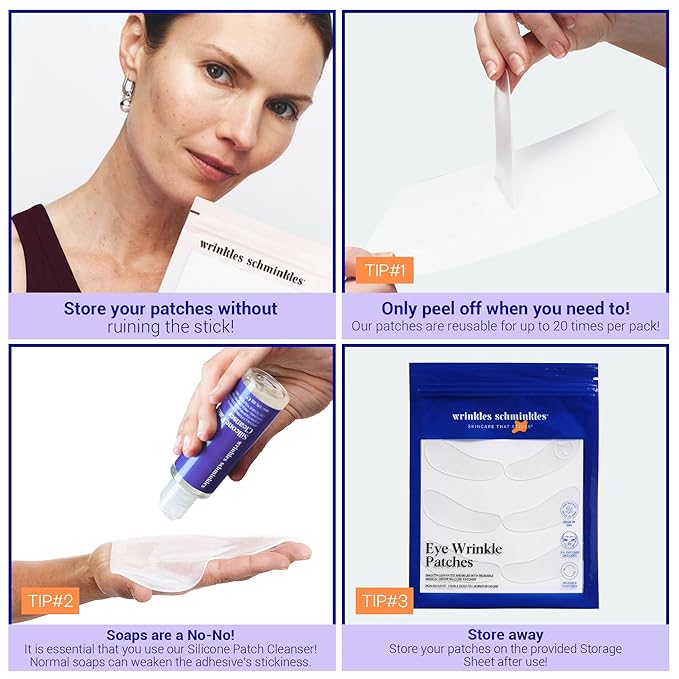 Wrinkles Schminkles Under Eye Wrinkle Starter Pack - Set of Reusable Under Eye Wrinkle Patches (3 pairs) + Silicone Patch Cleanser (2 oz) for Smoother Under Eyes & Fresh Look