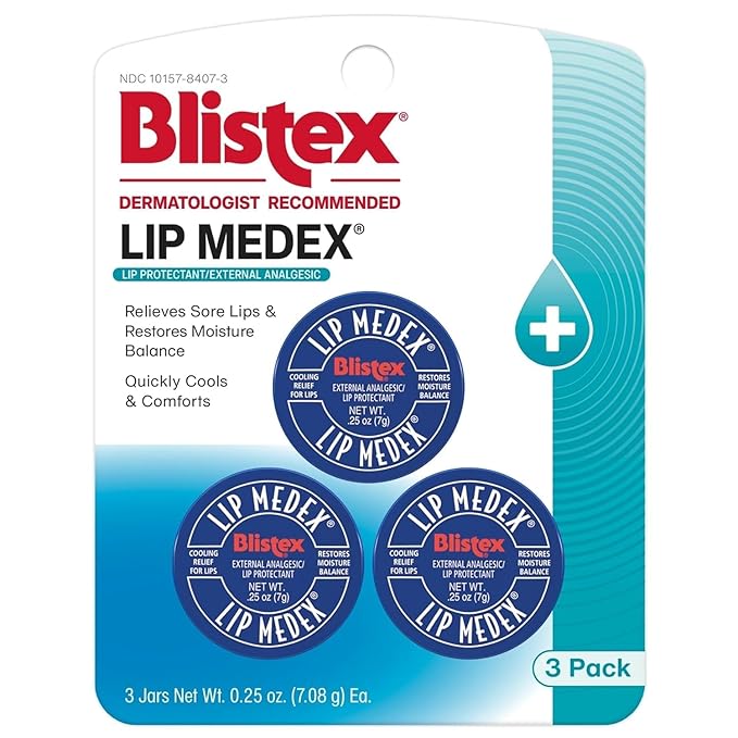 Blistex Lip Medex, 0.25 Ounce, 3 Count, Medicated Relief with Immediate Cooling, Soothes & Protects, Advanced Hydration, Restores Healthy Moisture Balance to Lips, Stocking Stuffer for Women & Men