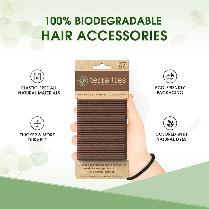 BIODEGRADABLE Elastic Hair Ties for Women & Men - Organic No Crease Brown Hair Tie Ponytail Holders and Hairties for Buns - Plastic Free Hairbands for Women and Mens Hair - 5mm (27 count)