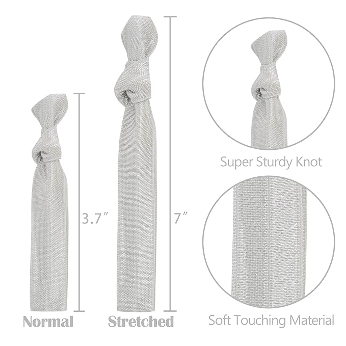 MEEDEE 100 Pack Silver No-Crease Soft Ribbon Knotted Ouchless Hair Ties for Women, Yoga, and Ponytails - Elastic Bracelets