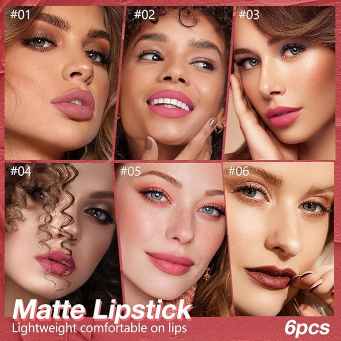 6Pcs Matte Lipstick Crayon Set for Women, Long Lasting Waterproof Velvet Lip Liner Pencil, High Pigment Creamy Lipstick, Longwear Non-Drying Lip Makeup Cruelty-free 24 Hours,01#+02#+03#+04#+05#06#