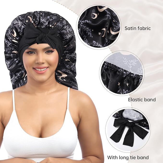 AWAYTR Long Satin Bonnet for Braids - Elastic Silk Hair Bonnets for Sleeping Night Cap Stretchy Tie Band for Women(Star and Moon)
