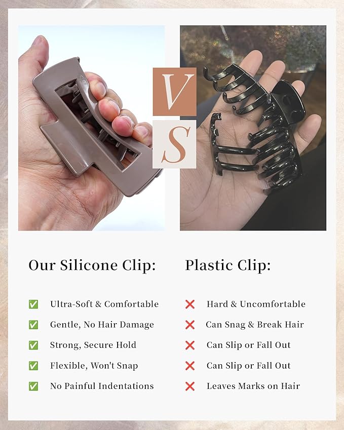 Mesovor 2 Styles Silicone Flexible Hair Claw Clips, 6 Pack Soft Bendable Hair Clips for Women | Rectangle Small Large Cozy Hairclips (Dark Khaki, Coffee, Black)