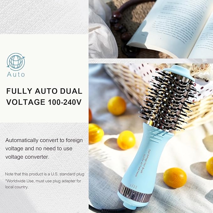 Travel Size Hair Dryer Dual Voltage Hair Styler, 110-240V 2 Inch Oval Jet Brush, Blow Dryer with Universal Adapter for Worldwide Use