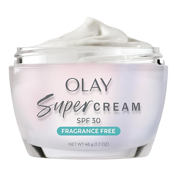 Olay Super Cream with Sunscreen SPF 30, Fragrance Free Lightweight Face Moisturizer with Sun Protection, 5-in-1 Skin Care - Hydrating, Brightening, Firming - Niacinamide, Vitamin C, Collagen, 1.7 oz