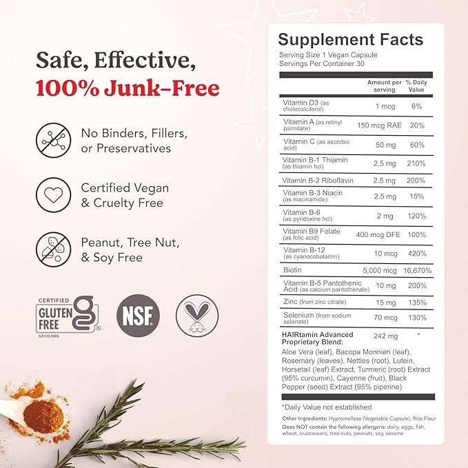 HAIRtamin Advanced Formula Hair Vitamins, Growth Supplement for Women & Men, Supports Stronger, Longer, Visibly Thicker Hair, With 5000 mcg Biotin, Vitamins & Antioxidants, 100% Vegan - 1 Month Supply