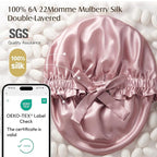 YFONG Double Layered 100% Mulberry Silk Bonnet for Sleeping Women, 22 Momme 6A Luxury Silk Sleep Cap with Elastic Band & Tie, Natural Night Wrap for Hair Care Short Long Curly Hair, Pink