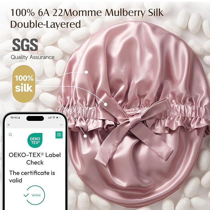 YFONG Double Layered 100% Mulberry Silk Bonnet for Sleeping Women, 22 Momme 6A Luxury Silk Sleep Cap with Elastic Band & Tie, Natural Night Wrap for Hair Care Short Long Curly Hair, Pink