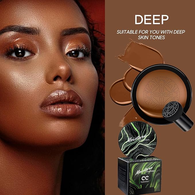 Mushroom Head Air Cushion CC Cream - Tattoo Cover up BB Cream Foundation Makeup Moisturizing Concealer Long-Lasting, Cushion Foundation Full Coverage Self Adjusting for All Skin Types (Dark Brown)