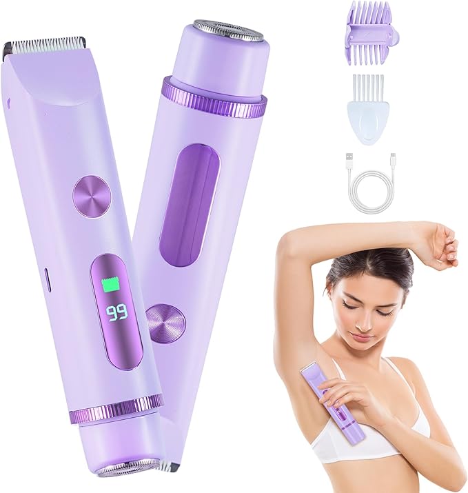 2025 Bikini Trimmer for Women, Cordless& Painless& Waterproof Dual Head Shaver for Women Private Area& Face& Body, 2-in-1 Electric Razors, Bikini Shaver, Hair Trimmer with LCD