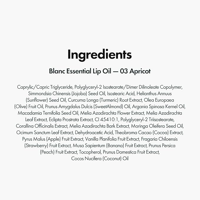 Blanc Essential Lip Oil - 50HR Moisturizing, Hydrating & Color Changing Korean Tinted Lip Oil Gloss Makeup with 6 Plant Extracts - Lightweight, Non-Sticky Finish 0.15 fl oz (#03 Apricot)